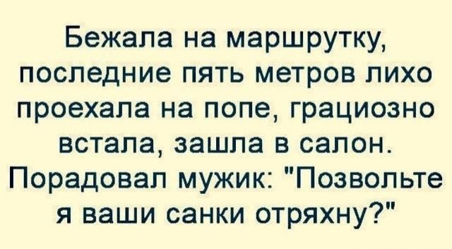 Бежала на маршрутку последние пять метров лихо проехала на попе грациозно встала зашла в салон Порадовал мужик Позвольте я ваши санки отряхну