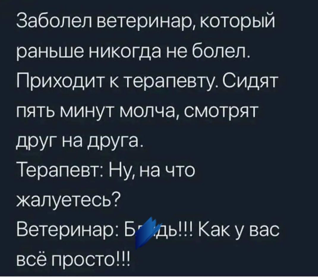 Заболел ветеринар который раньше никогда не болел Приходит к тера певту Сидят пять минут молча смотрят друг на друга Терапевт Ну на что жалуетесь Ветеринар БЁДЬ Как у вас всё просто