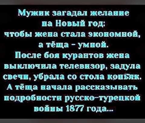 Мужик загадал желание на Новый год чтобы жена стала экономной а тёща умной После боя курантов женя выключила телевизор вцдуло свеч убрала со стола ковш А тёця начала рассказывать подробности русскотурецкой войны 1877 года