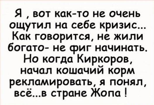 Я вот как то не очень ощутил на себе кризис Как говорится не жили богато не сриг начинать Но когда Кирёоров начал кошачии корм рекламировать понял всёв стране Жопа