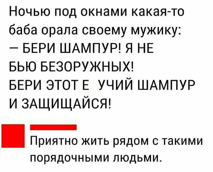 Ночью под окнами какаято баба орала своему мужику БЕРИ ШАМПУР Я НЕ БЬЮ БЕЗОРУЖНЫХ БЕРИ ЭТОТ Е УЧИЙ ШАМПУР и ЗАЩИЩАЙСЯ _ Приятно жить рядом с такими ПОРЯДОЧНЫМИ ЛЮДЬМИ