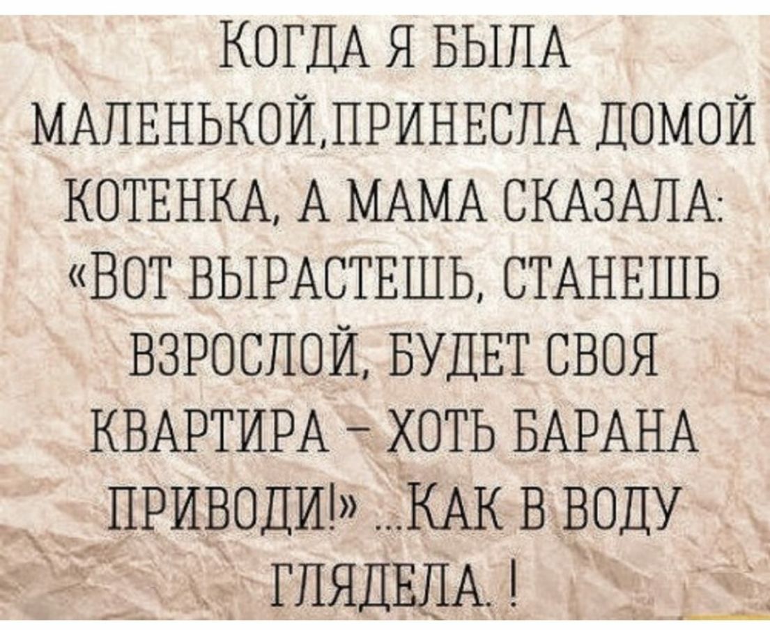 КОГДА БЫПА МАПЕНЬКОЙЛРИНЕСПА ДОМОЙ КОТЕНКА А МАМА СКАЗАПА ВОТ ВЫРАСТЕШЬ СТАНЕШЬ взрослоИ БУДЕТ своя КВАРТИРА хоть БАРАНА ИРИИОДИ__ КАК В воду глядвИА _ ___