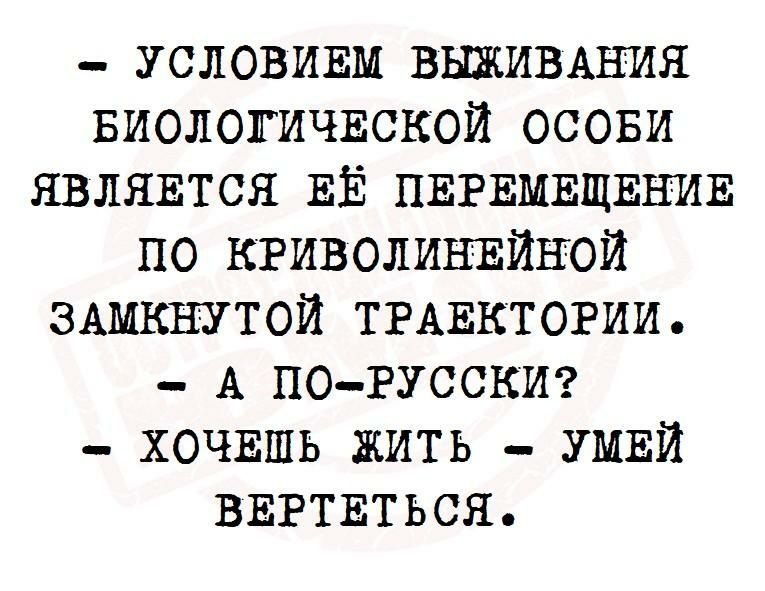 УСЛОВИЕМ ВЫЖИВАНИЯ Биологичвской осови являвтся ЕЁ ПЕРЕМЕЩЕНИЕ по кгиволинвйной ЗАМКНУТОЙ ТРАЕКТОРИИ А ПОРУССКИ _ ХОЧЕШЬ жить УМЕЙ ВЕРТЕТЬСЯ