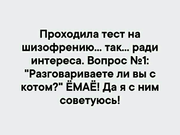 Проходила тест на шизофрению так ради интереса Вопрос 1 Разговариваете ли вы с котом ЁМАЁ Да я с ним советуюсь