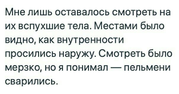 Мне лишь оставалось смотреть на их вспухшие тела Местами было видно как внутренности просились наружу Смотреть было мерзко но я понимал пельмени сварились