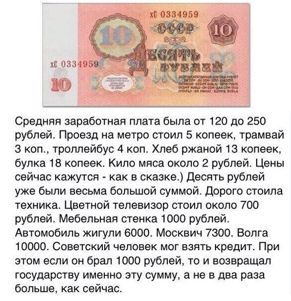 х 0334959 Средняя заработная плата была от 120 до 250 рублей Проезд на метро стоил 5 копеек трамвай З коп троллейбус 4 коп Хлеб ржаной 13 копеек булка 18 копеек Кило мяса около 2 рублей Цены сейчас кажутся как в сказке Десять рублей уже были весьма большой суммой Дорого стоила техника Цветной телевизор стоил около 700 рублей Мебельная стенка 1000 р