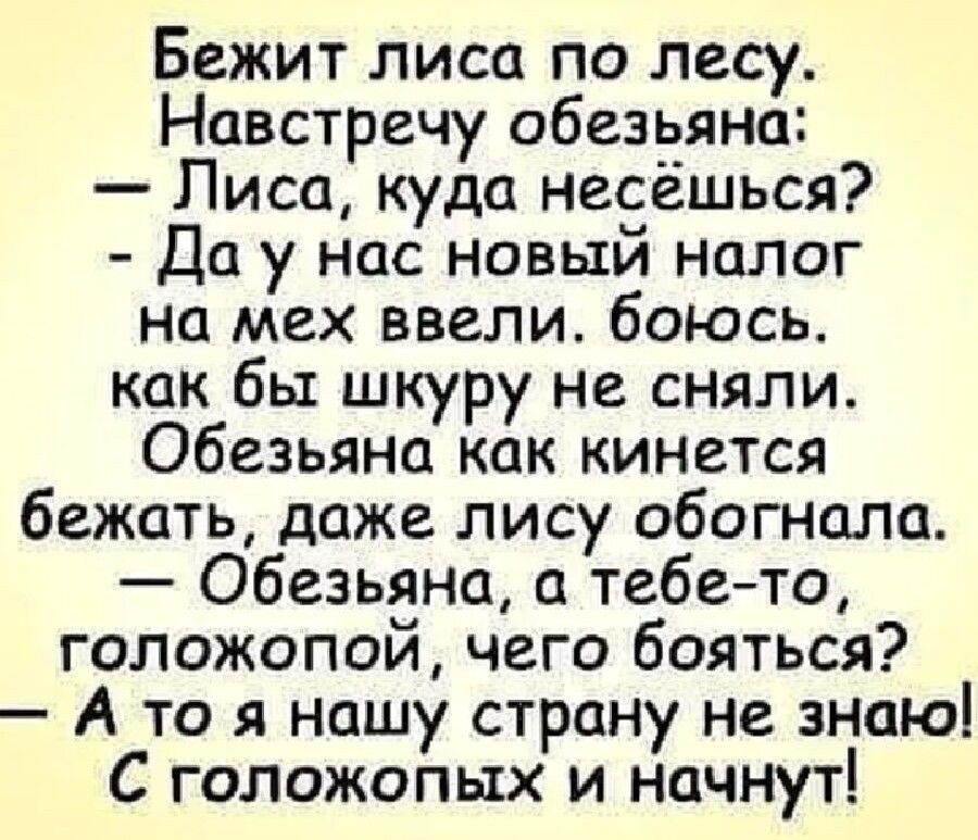 Бежит лиса по лесу Навстречу обезьяна Лиса куда несёшься Да у нас новый налог на мех ввели боюсь как бы шкуру не сняли Обезьяна как кинется бежать даже лису обогнала Обезьяна а тебе то голожопой чего бояться Ато я нашу страну не знаю С голожопых и начнут