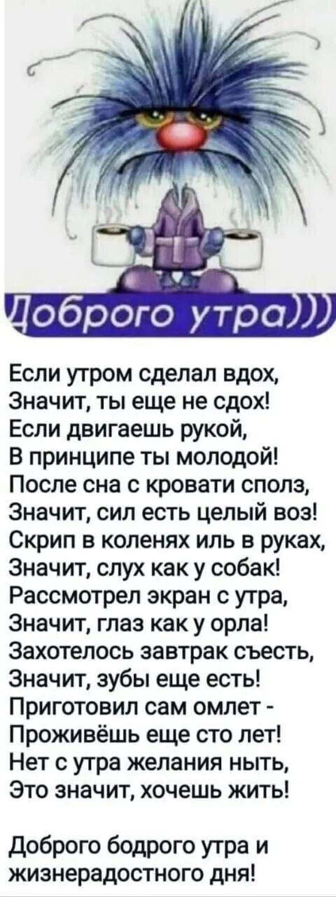 Если утром сделал вдох Значит ты еще не сдох Если двигаешь рукой В принципе ты молодой После сна с кровати сполз Значит сил есть целый воз Скрип в коленях иль в руках Значит слух как у собак Рассмотрел экран с утра Значит глаз как у орла Захотелось завтрак съесть Значит зубы еще есть Приготовил сам омлет Проживёшь еще сто лет Нет с утра желания ныт