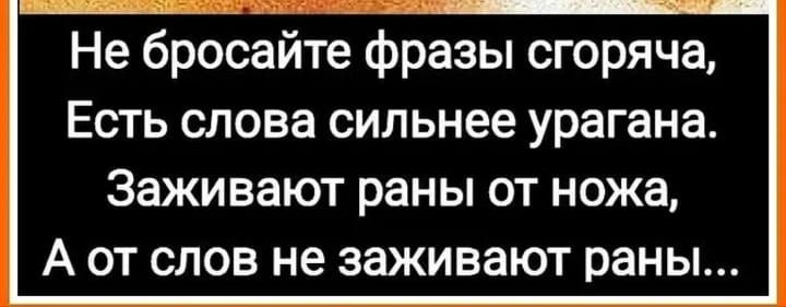 ропннноООООНОНННОЙ Не бросайте фразы сгоряча Есть слова сильнее урагана Заживают раны от ножа Аст слов не заживают раны