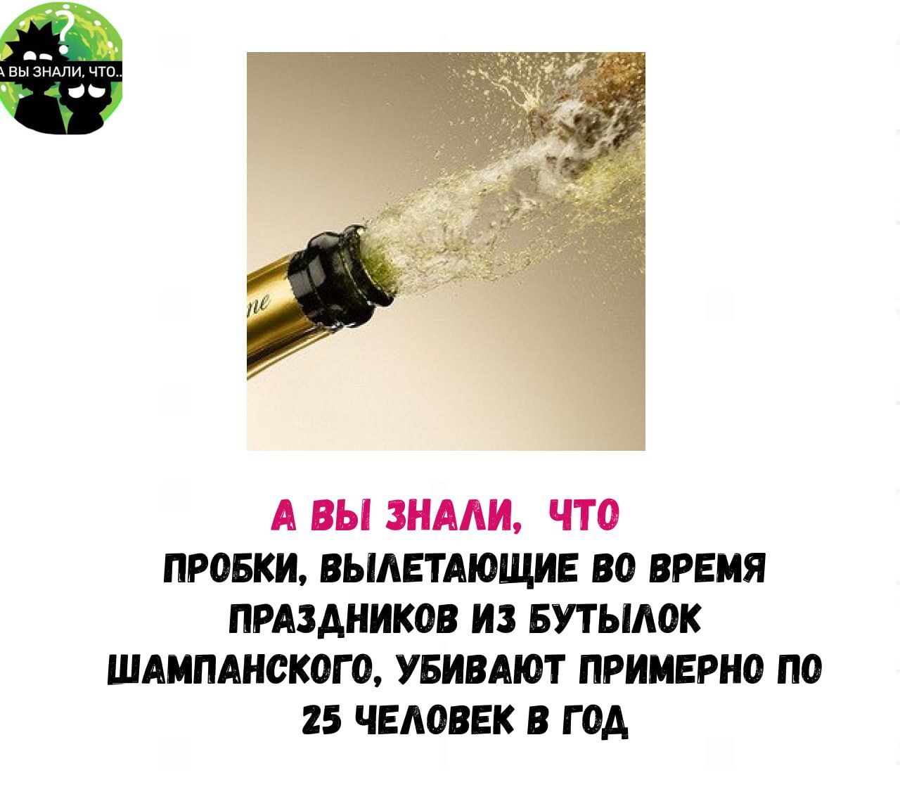 А ВЫ ЗНАЛИ ЧТО ПРОБКИ ВЫЛЕТАЮЩИЕ ВО ВРЕМЯ ПРАЗДНИКОВ ИЗ БУТЫЛОК ШАМПАНСКОГО УБИВАЮТ ПРИМЕРНО ПО 25 ЧЕЛОВЕК В ГОД