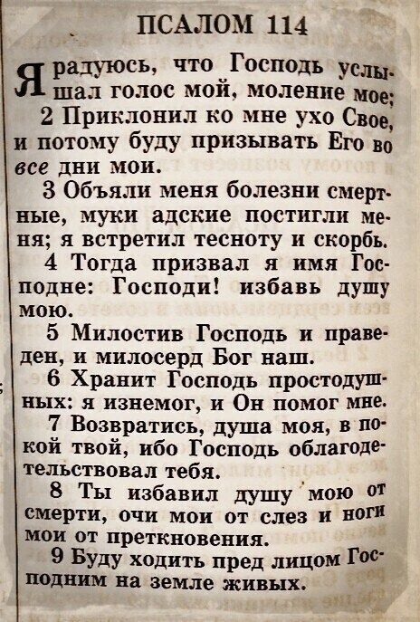 й ПСАЛОМ 114 радуюсь что Господь услы шал голос мой моление мое 2 Приклонил ко мне ухо Свов и потому буду призывать Его во все дни мои 3 Объяли меня болезни смерт ные муки адские постигли ме ня я встретил тесноту и скорбь 4 Тогда призвал я имя Гос подне Господи избавь душу мою 5 Милостив Господь и праве ден и милосерд Бог наш 6 Хранит Господь прост