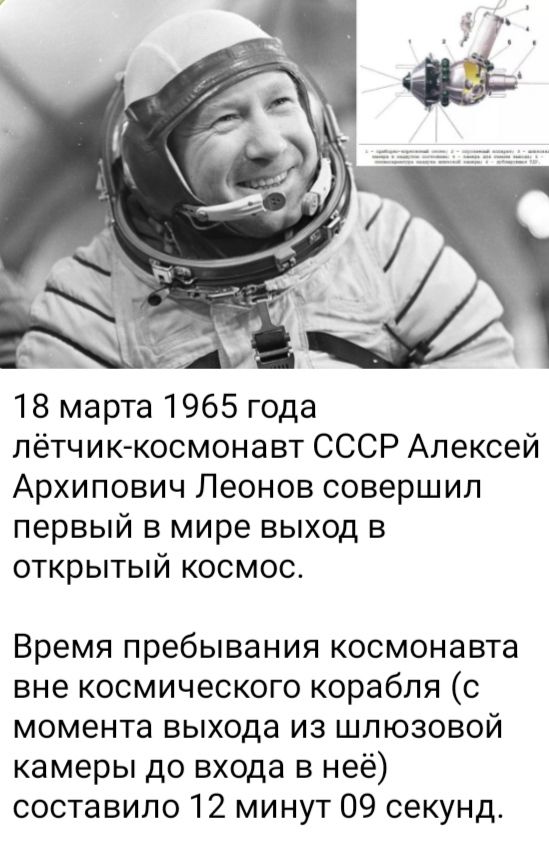 18 марта 1965 года лётчиккосмонавт ссср алексей архипович леонов совершил первый в мире выход в открытый космос. Время пребывания космонавта вне космического корабля с момента выхода из шлюзовой камеры до входа в неё составило 12 минут 09 секунд.