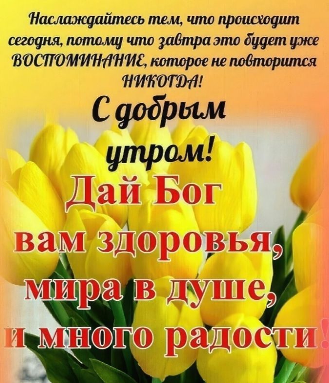 Наслаждайтесь тем, что происходит сегодня, потому что завтра это будет уже ВОСПОМИНАНИЕ, которое не повторится НИКОГДА! С добрым утром! Дай Бог вам здоровья, мира в душе, и много радости!