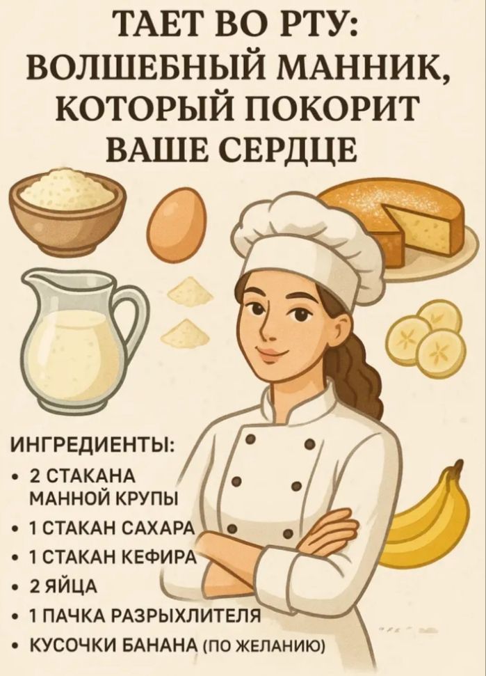 ТАЕТ ВО РТУ: ВОЛШЕБНЫЙ МАННИК, КОТОРЫЙ ПОКОРИТ ВАШЕ СЕРДЦЕ

ИНГРЕДИЕНТЫ:
- 2 СТАКАНА МАННОЙ КРУПЫ
- 1 СТАКАН САХАРА
- 1 СТАКАН КЕФИРА
- 2 ЯЙЦА
- 1 ПАЧКА РАЗРЫХЛИТЕЛЯ
- КУСОЧКИ БАНАНА (ПО ЖЕЛАНИЮ)