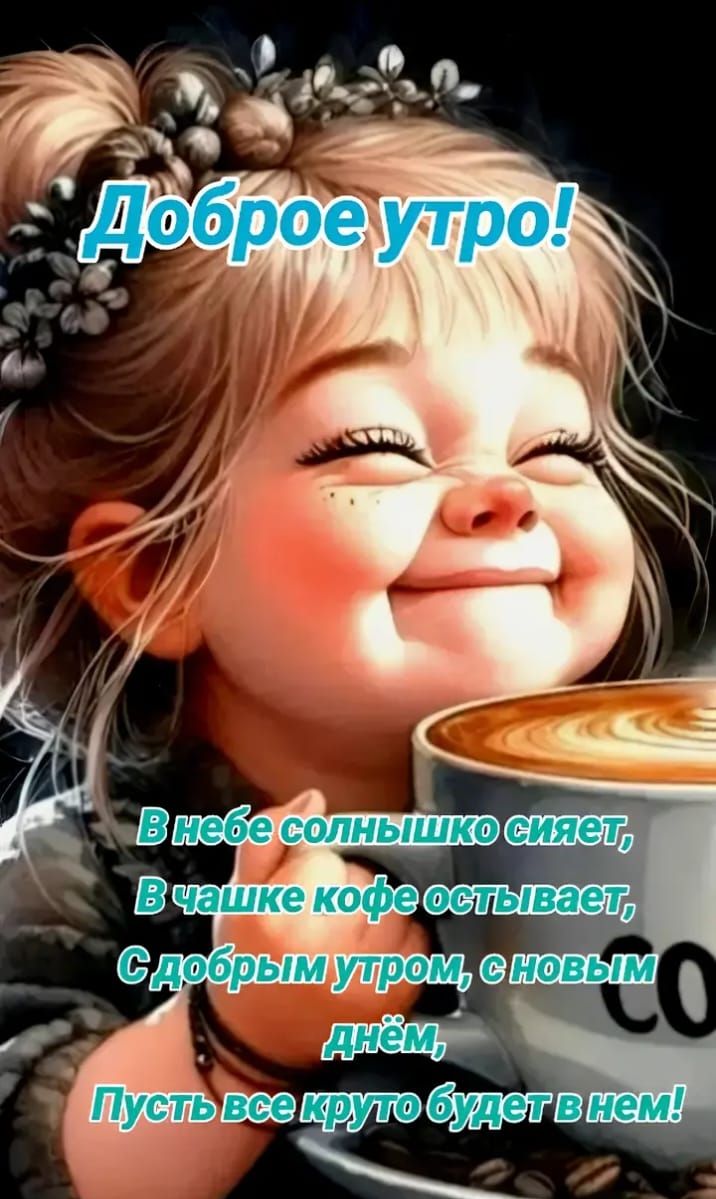 Доброе утро!
В небе солнышко сияет, В чашке кофе остывает, С добрым утром, с новым днем, Пускай все круто будет в нем!