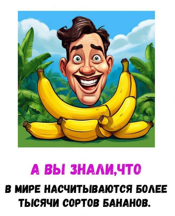 А ВЫ ЗНАЛИ, ЧТО В МИРЕ НАСЧИТЫВАЮТСЯ БОЛЕЕ ТЫСЯЧИ СОРТОВ БАНАНОВ.