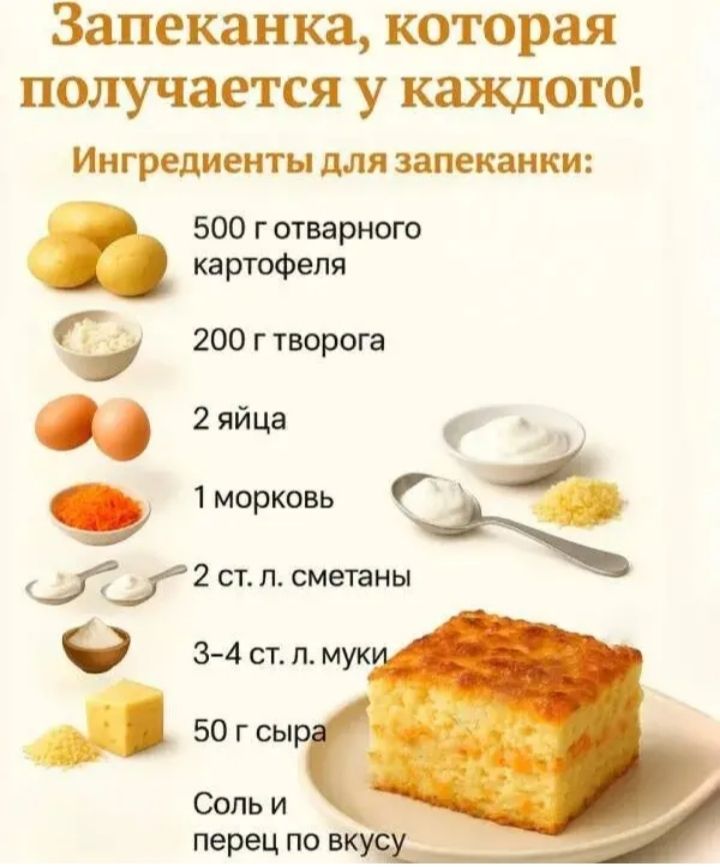 Запеканка, которая получается у каждого!

Ингредиенты для запеканки:

- 500 г отварного картофеля
- 200 г творога
- 2 яйца
- 1 морковь
- 2 ст. л. сметаны
- 3-4 ст. л. муки
- 50 г сыра
- Соль и перец по вкусу