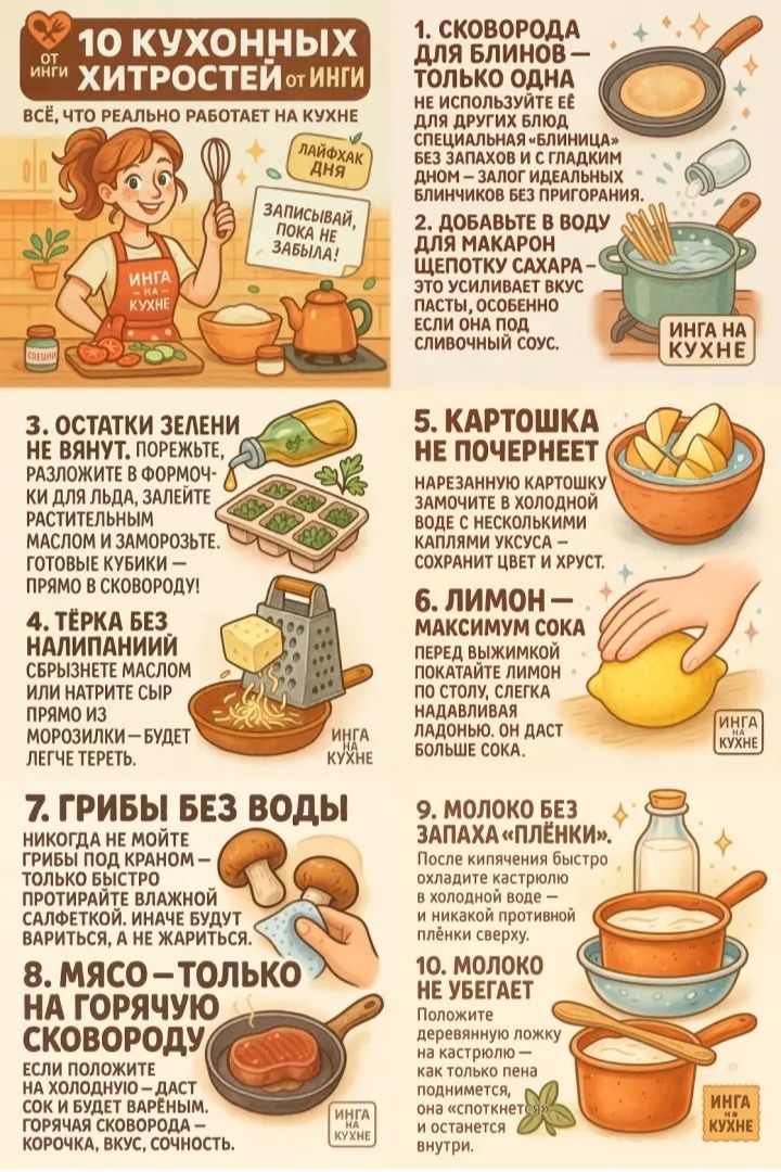 10 КУХОННЫХ ХИТРОСТЕЙ от Инги
Все, что реально работает на кухне
1. Сковорода для блинов — только одна
Не используйте несколько!

2. Остатки зелени не выбрасывайте, разложите в формочки для льда, залейте растительным маслом и заморозьте. Здоровые кубики — прямо в сковороду!

3. Тёрка без налипаний
Сбавьте масло вперёд, натрите сыр или легкие трения.

4. Картошка не почернеет
Нарезанную картошку кладите в воду с несколькими каплями лимона — сохраняет цвет и хруст.

5. Лимон с максимальным соком
Перед выжимкой покатайте по столу.

6. Грибы без воды
Никогда не мойте грибы под краном — они примут воду и разживутся.

7. Мясо — только на горячую сковороду

8. Молоко без запаривания
Залаживайте в 