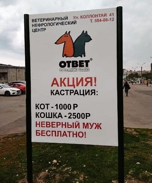 АКЦИЯ! КАСТРАЦИЯ:
КОТ - 1000 Р
КОШКА - 2500 Р
НЕВЕРНЫЙ МУЖ БЕСПЛАТНО!