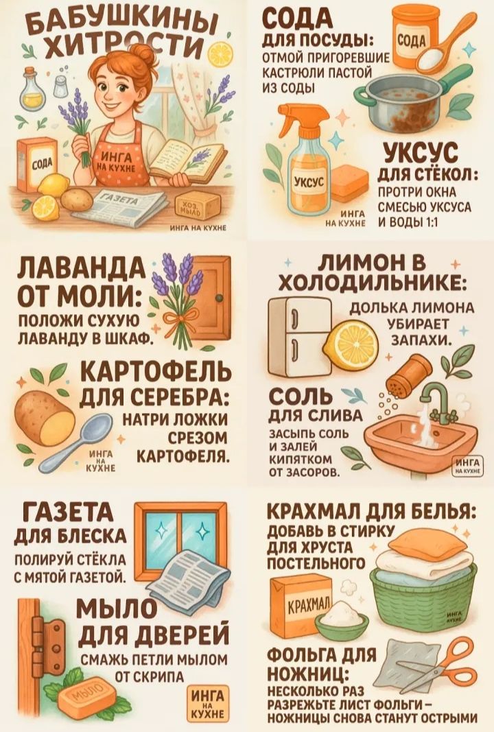 БАБУШКИНЫ ХИТРОСТИ СОДА ДЛЯ ПОСУДЫ: отмой пригоревшие кастрюли пастой из соды. УКСУС ДЛЯ СТЕКОЛ: протри окна смесью уксуса и воды 1:1. ЛАВАНДА ОТ МОЛИ: положи сухую лаванду в шкаф. КАРТОФЕЛЬ ДЛЯ СЕРЕБРА: натри ложки свежим картофеля. ЛИМОН В ХОЛОДИЛЬНИКЕ: долька лимона убирает запахи. СОЛЬ ДЛЯ СЛИВА: засыпь соль для слив в трубки от застарелых засоров. ГАЗЕТА ДЛЯ БЛЕСКА: полируй стекла с мяты газетой. МЫЛО ДЛЯ ДВЕРЕЙ: свежий пыль мылом от скрипа. КРАХМАЛ ДЛЯ БЕЛЬЯ: добавь в стирку для хруста постельного. ФОЛЬГА ДЛЯ НОЖНИК: несколько раз обрежь ножницы на фольге.