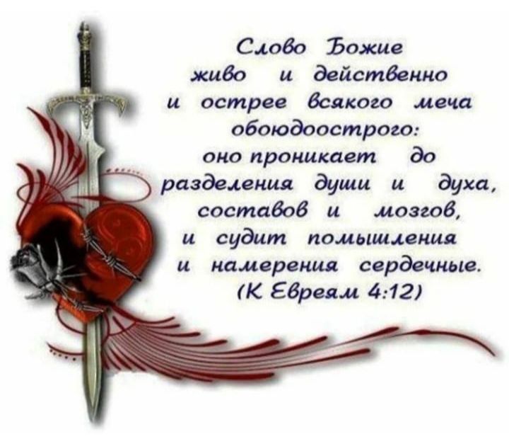 Слово Божие живо и действенно и острее всякого меча обоюдострого: оно проникает до разделения души и духа, составов и мозгов, и судит помышления и намерения сердечные. (К Евреям 4:12)