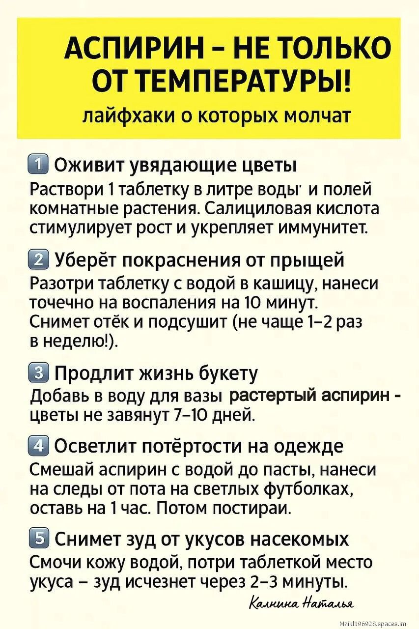 АСПИРИН - НЕ ТОЛЬКО ОТ ТЕМПЕРАТУРЫ! лайфхаки о которых молчат
1 Оживит увядающие цветы: Раствори таблетку в литре воды и полей комнатные растения. Салициловая кислота стимулирует рост и укрепляет иммунитет.
2 Уберёт покраснения от прыщей: Разотря таблетки с водой в кашицу, нанеси точечно на воспаления на 10 минут.
3 Продлит жизнь букету: Добавь в воду для роз раcтёртый аспирин.
4 Осветлит потёртости на одежде: Mischung аспирина с водой до пасты, нанеси на следы, оставь на 1 час.
5 Снимет зуд от укусов насекомых: Смочи кожу водой, потрти таблеткой место укуса.