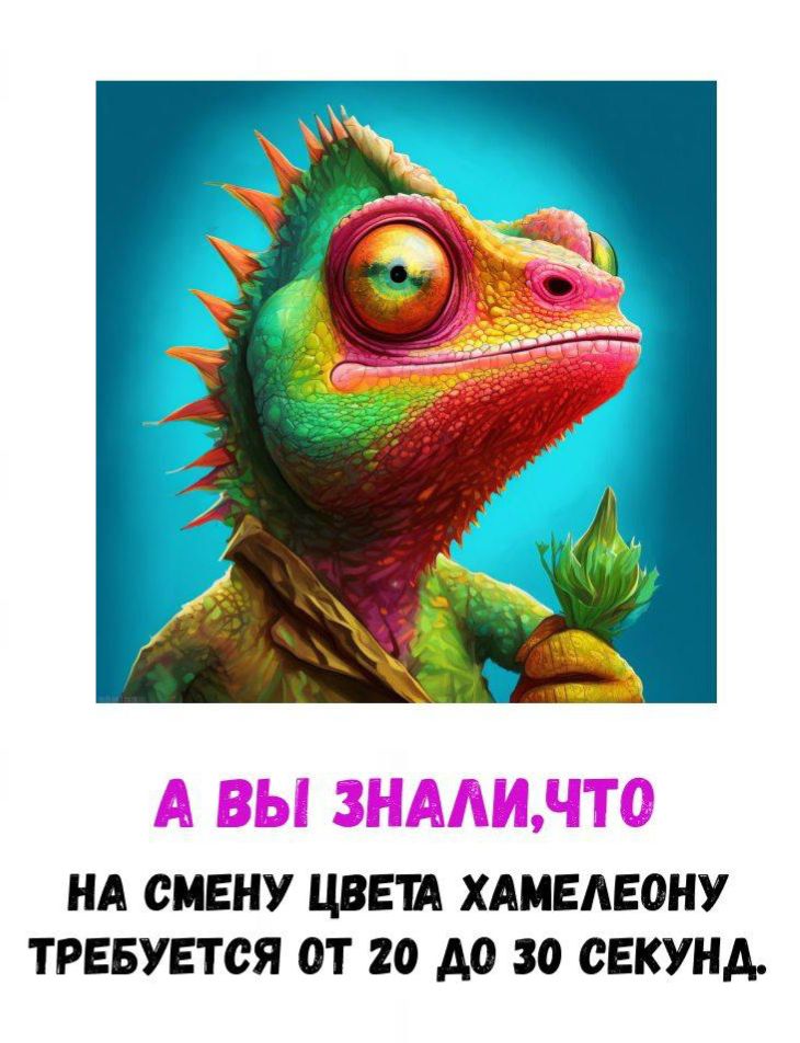 А ВЫ ЗНАЛИ, ЧТО НА СМЕНУ ЦВЕТА ХАМЕЛЕОНУ ТРЕБУЕТСЯ ОТ 20 ДО 30 СЕКУНД.