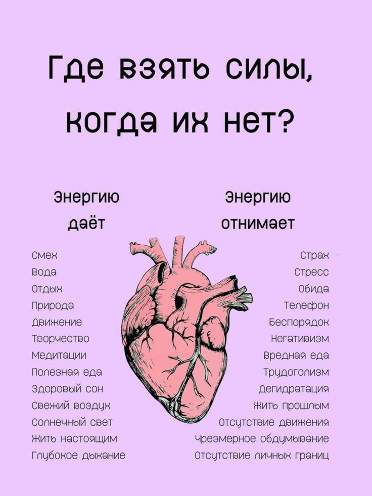 Где взять силы, когда их нет? Энергию даёт: Смех, Вода, Отдых, Природа, движение, Творчество, Медитации, Полезная еда, Здоровый сон, Свежий воздух, Солнечный свет, Жить настоящим, Глубокое дыхание. Энергию отнимает: Страх, стресс, обида, Телефон, Беспорядок, Негативизм, Вредная еда, Трудоголизм, Дегидратация, Жить прошлым, отсутствие движения, чрезмерное обдумывание, отсутствие личных границ.