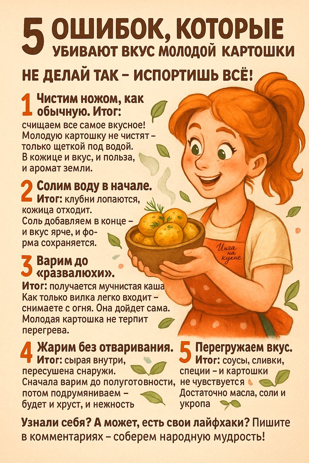 5 ошибок, которые убивают вкус молодой картошки. Не делай так — испортишь всё! 1 Чистим ножом, как обычно. Итог: кожура и вкус теряются. 2 Солим воду в начале. Итог: клубни тплются и кожица отслаивается. 3 Варим до «развалюхих». Итог: каша и неприятная текстура. 4 Жарим без отваривания. Итог: сырой внутри, пережариваем снаружи. 5 Перегружаем вкус. Итог: соусы и специи не ощущаются.