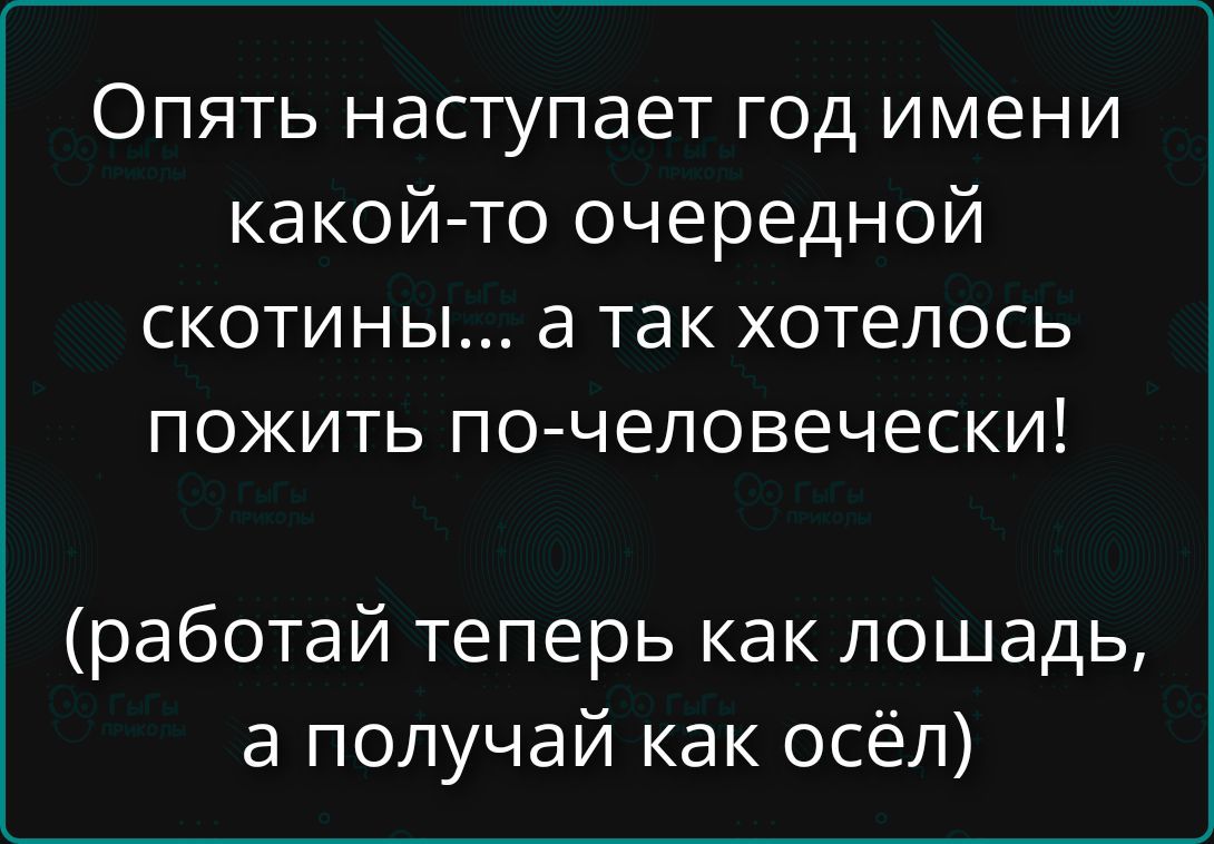 Опять наступает год имени какой-то очередной скотины... а так хотелось пожить по-человечески! (работай теперь как лошадь, а получай как осёл)