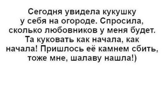 Сегодня увидела кукушку у себя на огороде Спросила сколько любовников у меня будет Та куковать как начала как начала Пришлось её камнем сбить тоже мне шалаву нашла