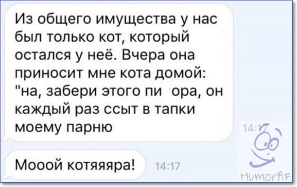 Из общего имущества у нас был только кот который остался у неё Вчера она приносит мне кота домой на забери этого пи ора он каждый раз ссыт в тапки моему парню Мооой котяяяра