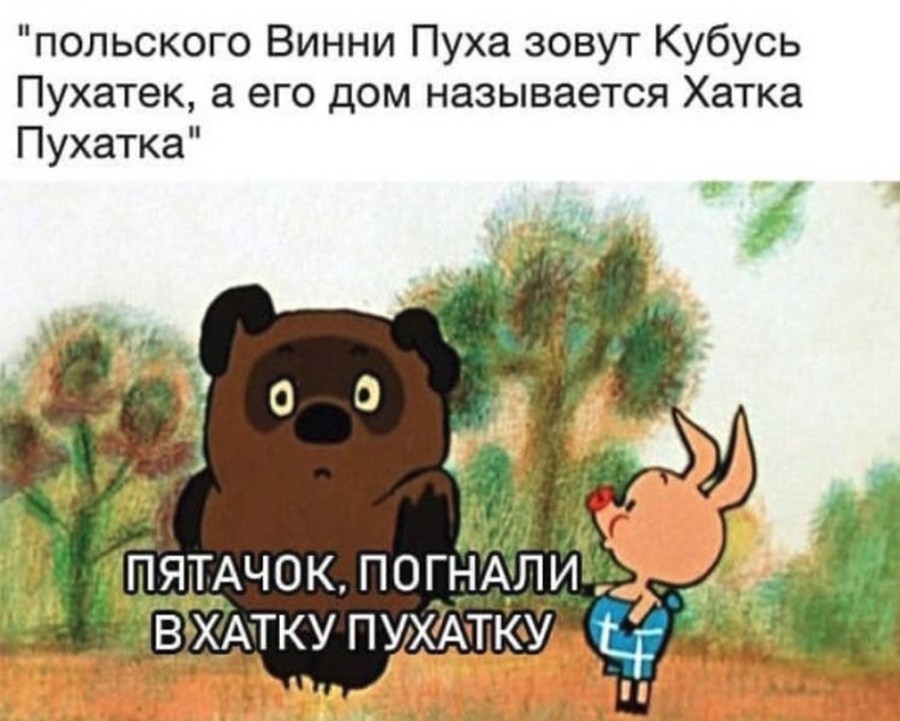 польского Винни Пуха зовут Кубусь Пухатек а его дом называется Хатка Пухатка в гпдАчок ПОГНАЛИ ВХАТКУ ПУХАТКУ