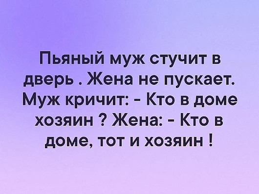 Пьяный муж стучит в дверь Жена не пускает Муж кричит Кто в доме хозяин Жена Кто в доме тот и хозяин