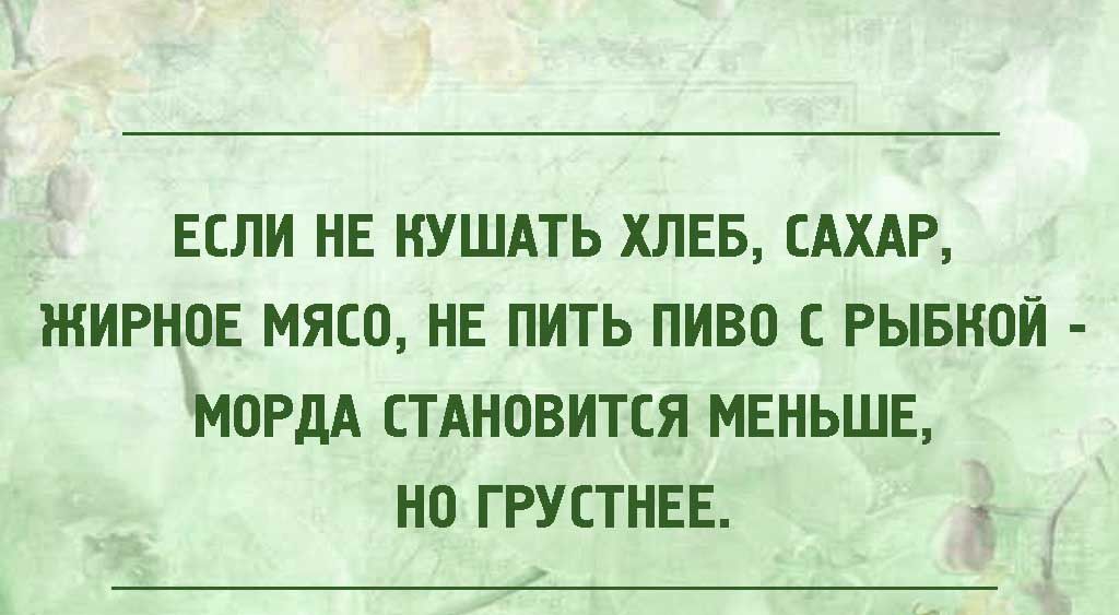 ЕСЛИ НЕ НУШАТЬ ХЛЕБ САХАР ЖИРНОЕ МЯСО НЕ ПИТЬ ПИВО С РЫБНОЙ МОРДА СТАНОВИТСЯ МЕНЬШЕ НО ГРУСТНЕЕ