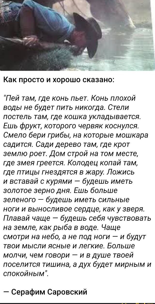 Как просто и хорошо сказано: 'Пей там, где конь пьет. Конь плохой воды не будет пить никогда. Стели постель там, где кошка укладывается. Ешь фрукт, которого червяк коснулся. Смело бери грибы, на которые мошкара садится. Плавай чаще — будешь себя чувствовать на земле, как рыба в воде.' — Серафим Саровский