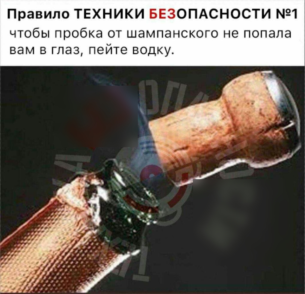 Правило ТЕХНИКИ БЕЗОПАСНОСТИ 31 ЧТОбЫ пробка ОТ ШЭМПЭНСКОГО не попала ВЭМ В ГЛЭЗ пейте ВОДКУ