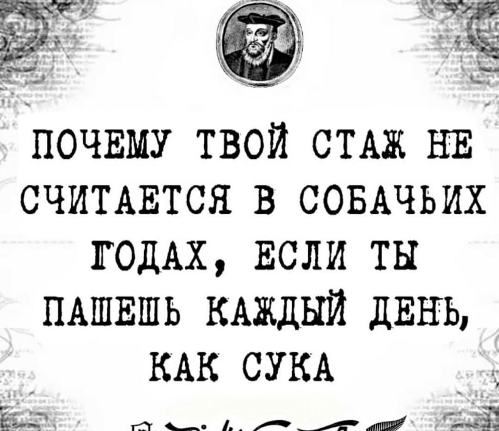 ПОЧЕМУ твой СТАЖ НЕ СЧИТАЕТСЯ в СОБАЧЬИХ ГОДАХ ЕСЛИ ты ПАШЕШЬ КАЖДЫЙ ДЕНЬ КАК СУКА г _ Р Ёят Ю 1 __1 зі ёё