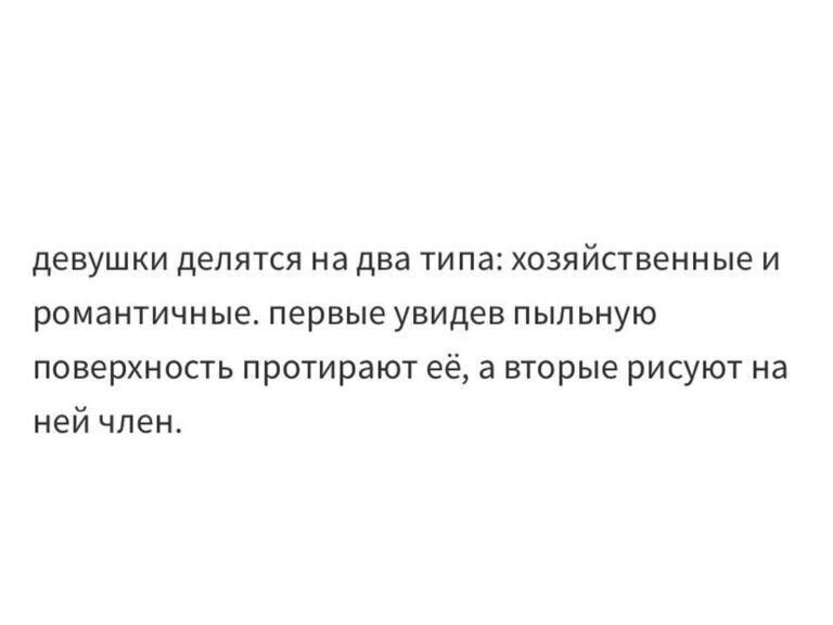девушки дЕЛЯТСЯ на два типа ХОЗЯЙСТВЕННЫЕ И романтичные первые увидев ПЫЛЬНУЮ поверхность протирают её а вторые рисуют на ней член