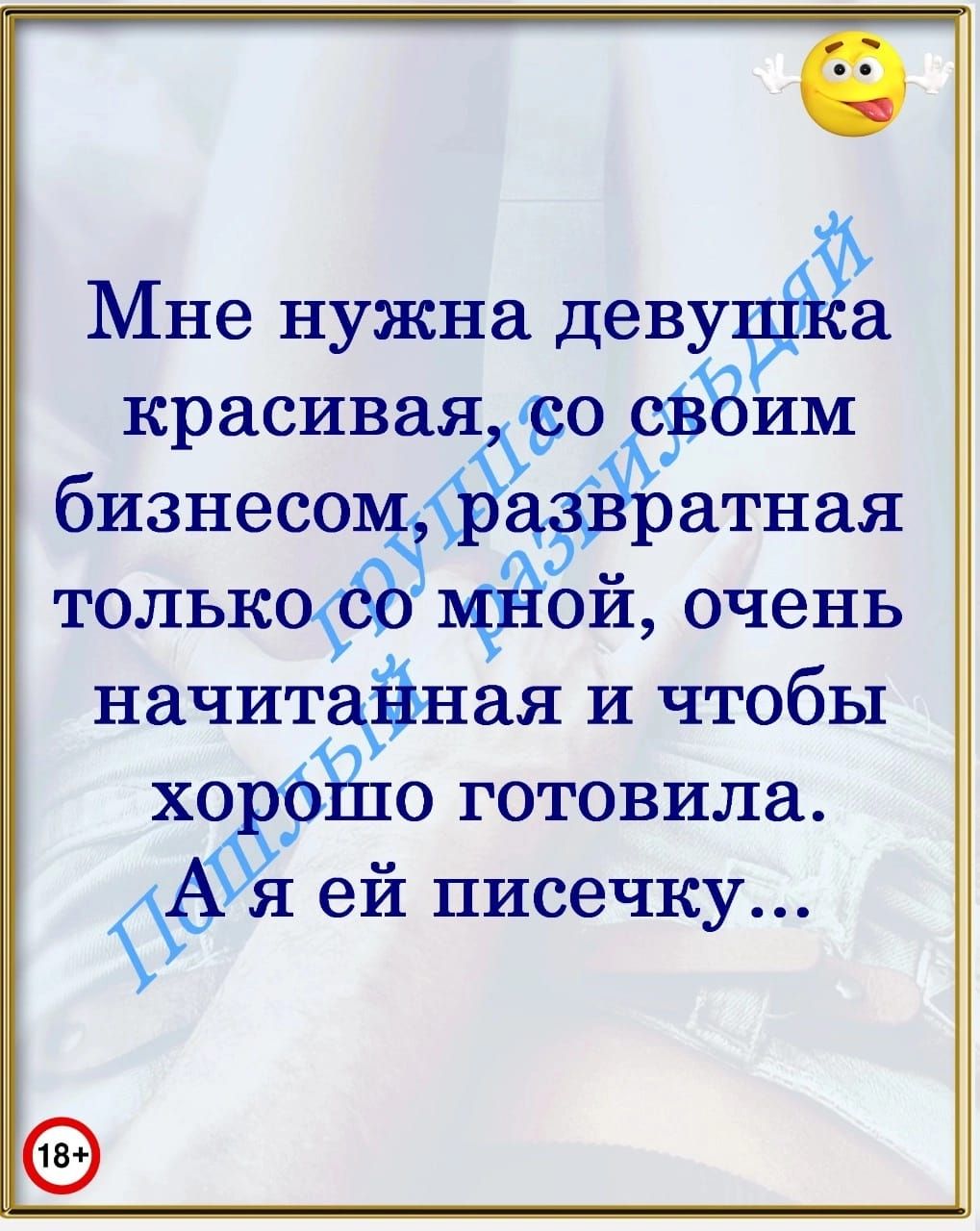 Мне нужна девушка красивая, со своим бизнесом, развратная только со мной, очень начитанная и чтобы хорошо готовила. А я ей письечку...