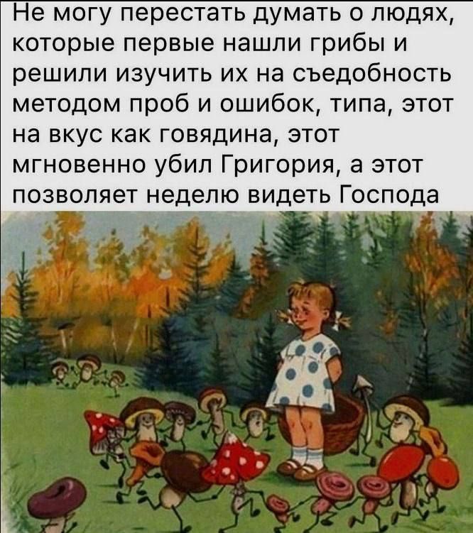 Не могу перестать думать о людях, которые первые нашли грибы и решили изучить их на съедобность методом проб и ошибок, типа, этот на вкус как говядина, этот мгновенно убил Григория, а этот позволяет неделю видеть Господа