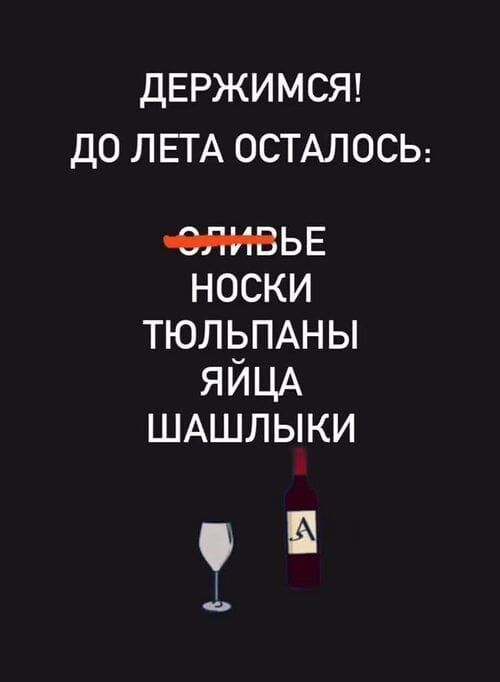 ДЕРЖИМСЯ! ДО ЛЕТА ОСТАЛОСЬ: ОЛИВЬЕ (зачеркнуто) НОСКИ ТЮЛЬПАНЫ ЯЙЦА ШАШЛЫКИ