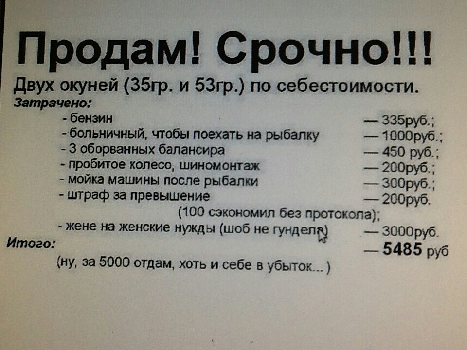 Продам Срочно двух окуней 35гр и 53гр по себестоимости За чека тра бензин 335РУ6 больничный чтобы поехать на рыбалку 1 ОООруб 3 оборванных балансира 450 руб пробитое колесо шиномонтаж _ 200руб мойка машины после рыбалки 300руб штраф за превышение 200руб 100 сэкономил без протокола жене на женские нукщы шоб не гунделй 3000руб Итого _ 5485 руб ну за 5000 отдам ХОТЬ и себе в убыток