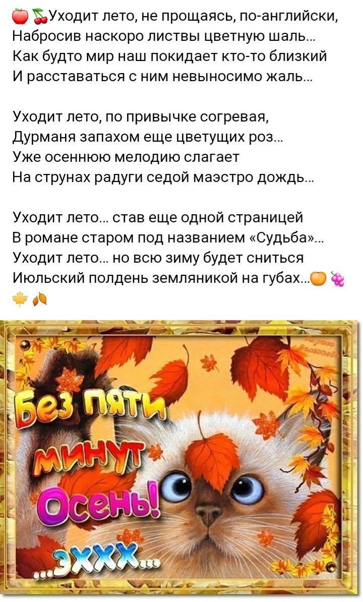Уходит лето не прощаясь по английски Набросив наскоро листвы цветную шаль Как будто мир наш покидает ктото близкий И расставаться с ним невыносимо жаль Уходит лето по привычке согревая Дурманя запахом еще цветущих роз Уже осеннюю мелодию слагает На струнах радуги седой маэстро дождь Уходит лето став еще одной страницей В романе старом под названием Судьба Уходит лето но всю зиму будет сниться Июль