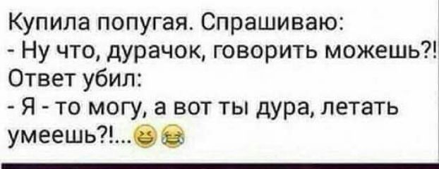 Купила попугая Спрашиваю Ну что дурачок говорить можешь Ответ убил Я то могу а вот ты дура летать умеешь0