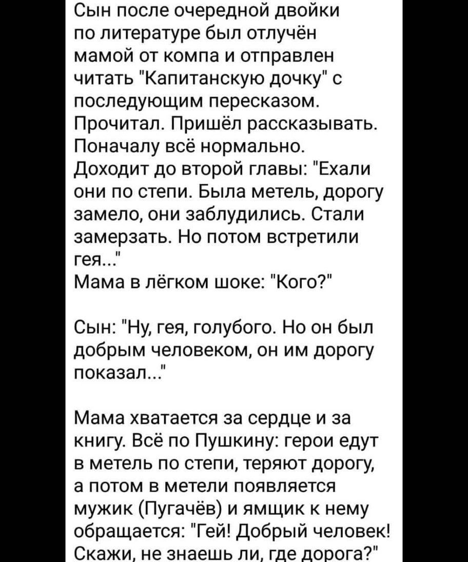 Сын после очередной двойки по литературе был отлучён мамой от компа и отправлен читать Капитанскую дочку с последующим пересказом Прочитал Пришёл рассказывать Поначалу всё нормально Доходит до второй главы Ехали они по степи Была метель дорогу замело они заблудились Стали замерзать Но потом встретили гея Мама в лёгком шоке Кого Сын Ну гея голубого Но он был добрым человеком он им дорогу показал Ма