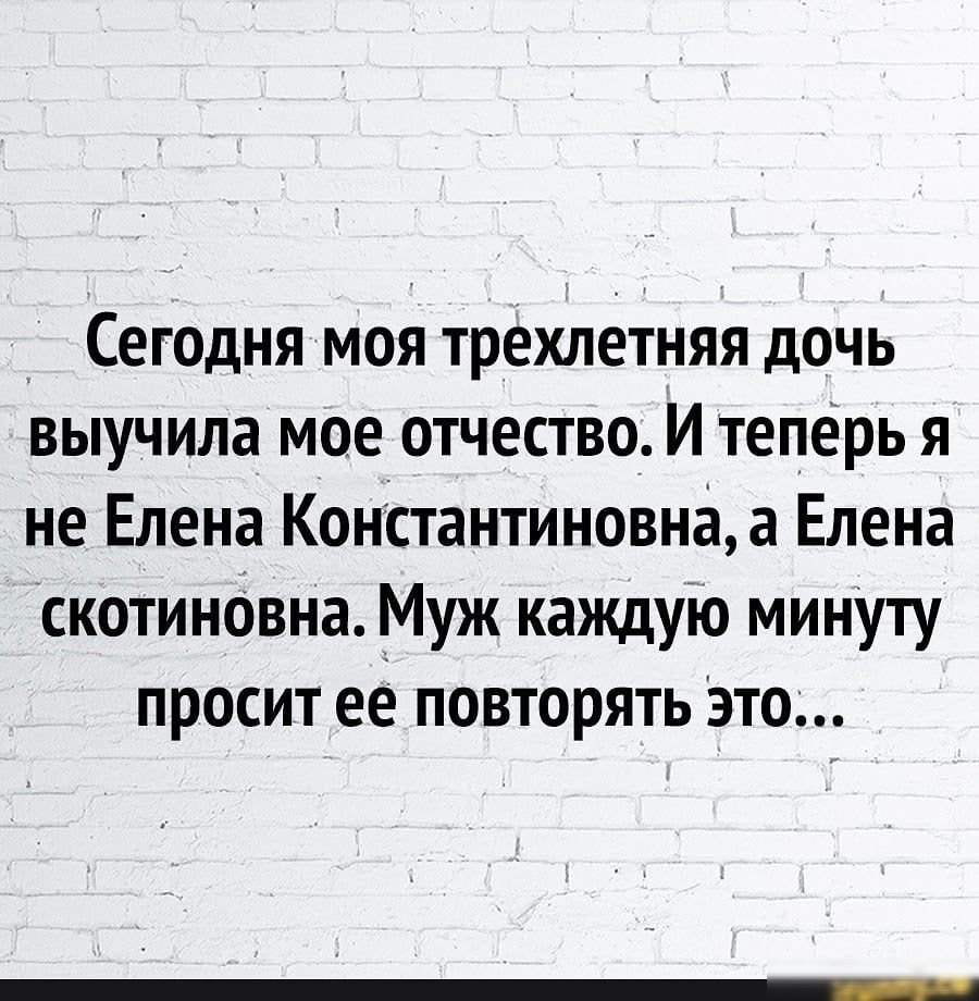 Сегодня моя трехлетняя дочь выучила мое отчество И теперь я не Елена КонСтантиновнаа Елена скотиновна Муж каждую минУту просит её повторять Это
