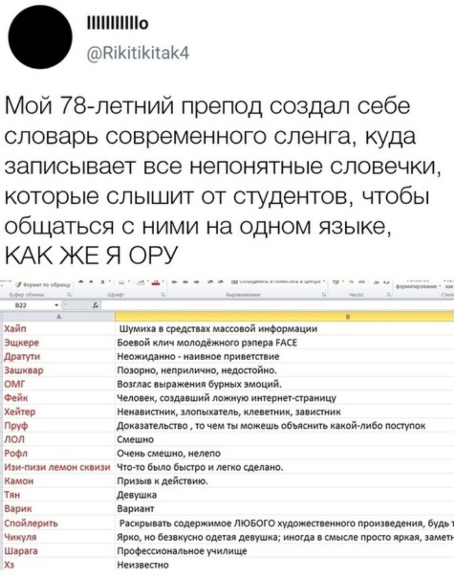 о НіКітіКітаМ Мой 78 летний препод создал себе словарь современного сленга куда записывает все непонятные словечки которые слышит от студентов чтобы общаться с ними на одном языке КАК ЖЕ Я ОРУ _д щ он 1 _ Хайн Шумиха в средствах массовой информации Эщхере Боевой клич молодёмното рэпера РАС дратути неожиданно наивное приветствие Зашипр Позорно неприлично недостойно омг Вонтк выражения бурных эмоций