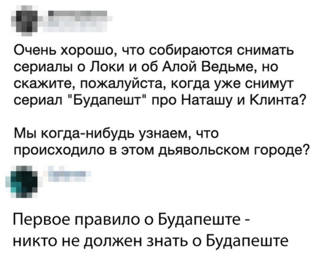 1 Очень хорошо что собираются снимать сериалы о Локи и об Алой Ведьме но скажите пожалуйста когда уже снимут сериал Будапешт про Наташу и Клинта Мы когда нибудь узнаем что происходило в этом дьявольском городе Первое правило 0 Будапеште никто не должен знать о Будапеште