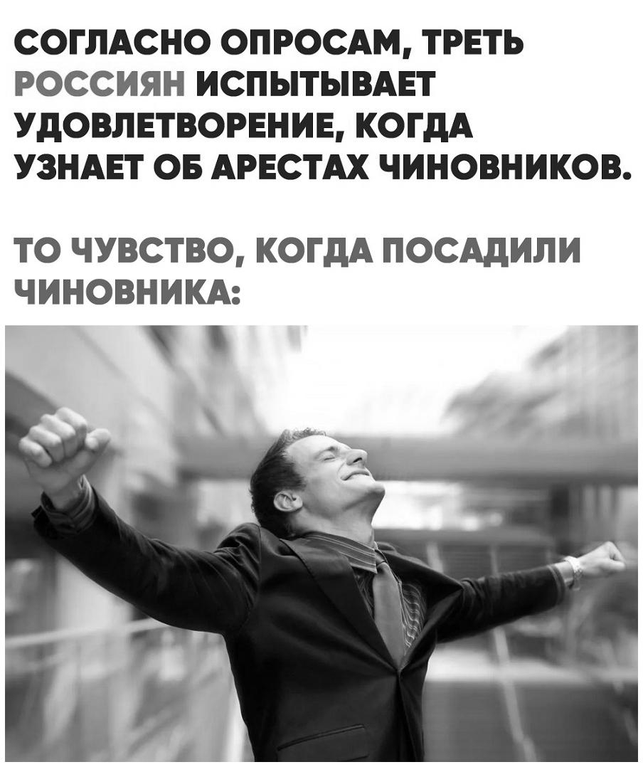 СОГЛАСНО ОПРОСАМ ТРЕТЬ РОССИЯН ИСПЫТЫВАЕТ УдОВПЕТВОРЕНИЕ КОГДА УЗНАЕТ ОБ АРЕСТАХ ЧИНОВНИКОВ ТО ЧУВСТВО КОГДА ПОСАдИЛИ ЧИНОВНИКА